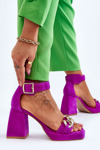 Glamorous fuchsia women's block heel sandals with a gold chain detail, expertly crafted by Step in Style, perfect for adding elegance to any outfit.