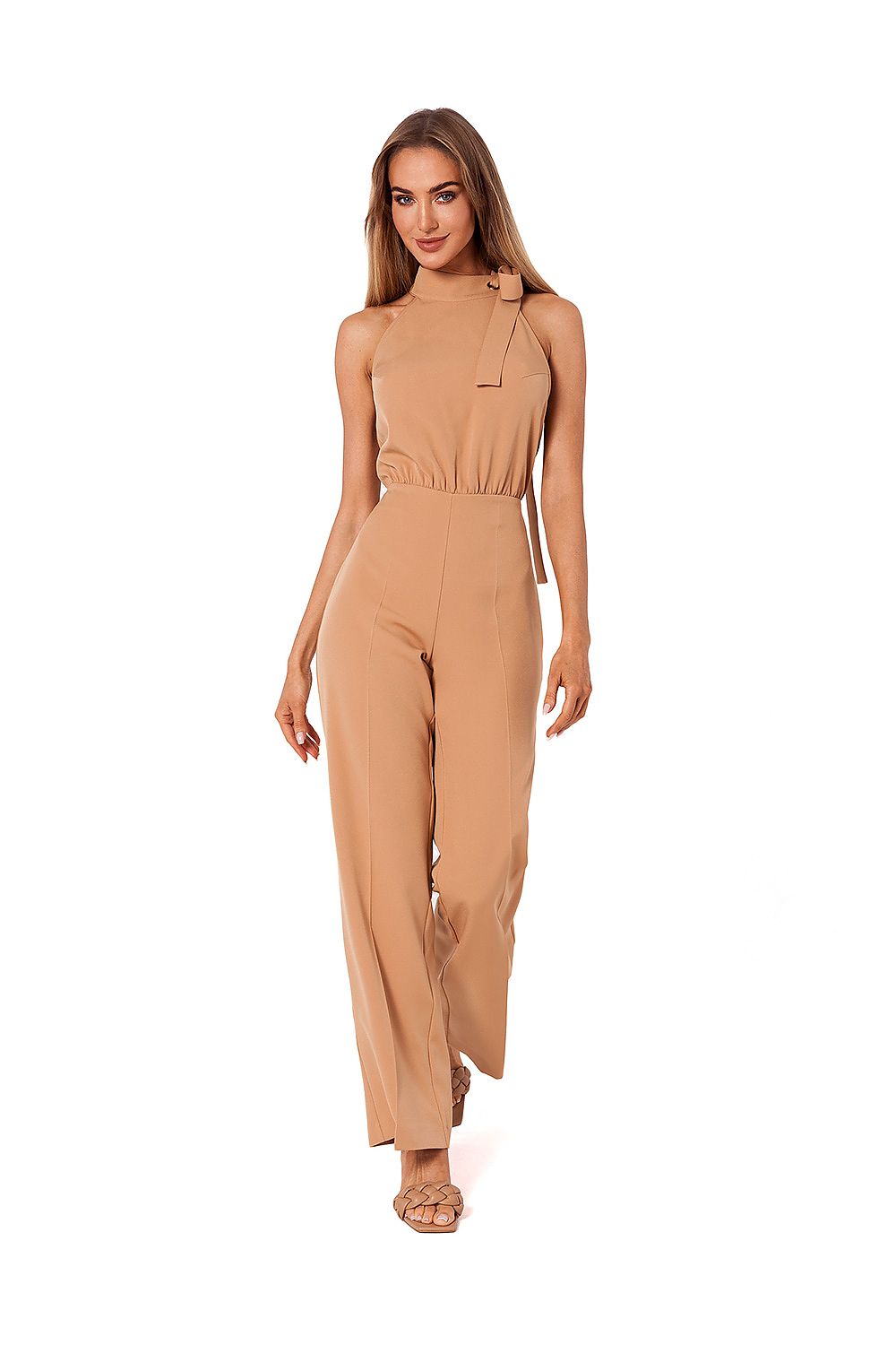Sophisticated nude halter neck pantsuit by Moe, designed with a stylish tie detail and a comfortable fit, ideal for formal events.