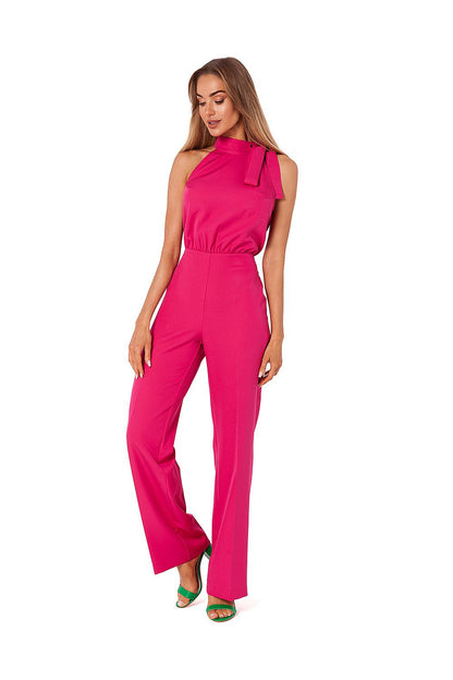 Luxurious pink halter neck pantsuit by Moe showcasing a stylish tie detail and elegant slip pockets, designed for sizes S to XXL.