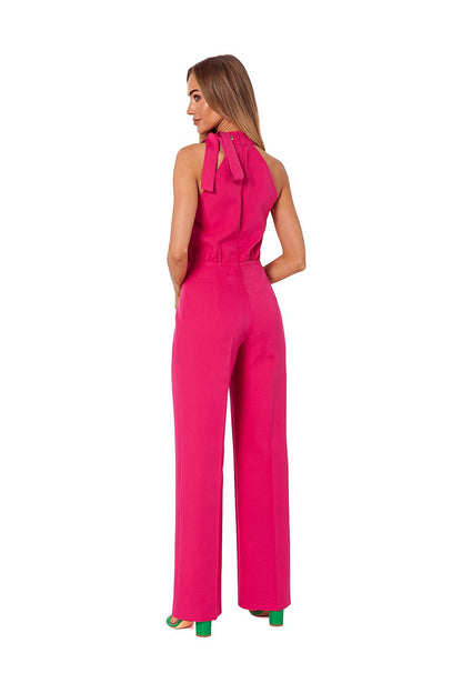 Sophisticated back view of a pink halter neck pantsuit by Moe, featuring a chic tie detail and flattering fit designed to offer ease and style.
