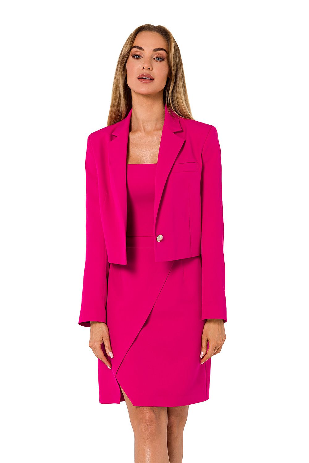 Elegant Moe short-cut jacket in vibrant pink, consisting of a one-button design, fully lined, worn over a matching dress, showcasing a luxury fashion aesthetic.