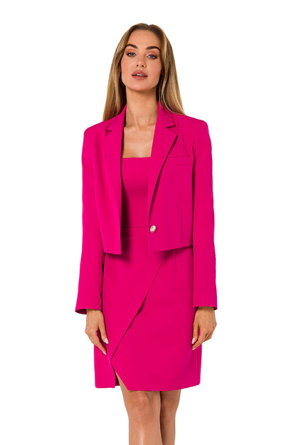 Elegant Moe short-cut jacket in vibrant pink, consisting of a one-button design, fully lined, worn over a matching dress, showcasing a luxury fashion aesthetic.