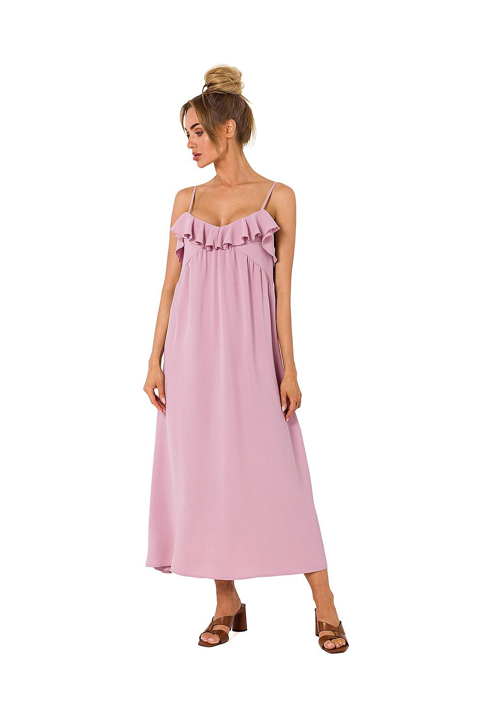 Moe luxe loose-fitting midi dress in soft pink with ruffled neckline, epitomizing effortless elegance in casual wear.