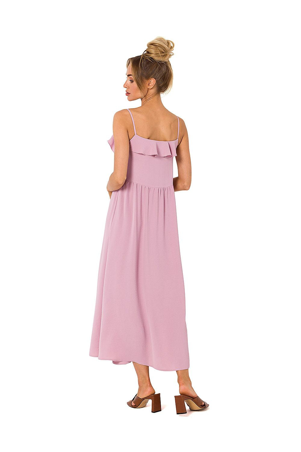 Elegant loose-fitting midi dress in blush by Moe, featuring delicate ruffled neckline and thin straps, ideal for sophisticated casual wear.
