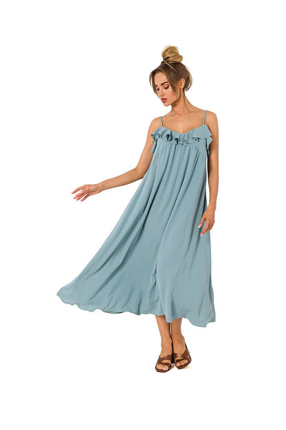 Luxurious loose-fitting midi dress in soft blue by Moe, designed with decorative ruffles and flowing silhouette, perfect for stylish summer outings.