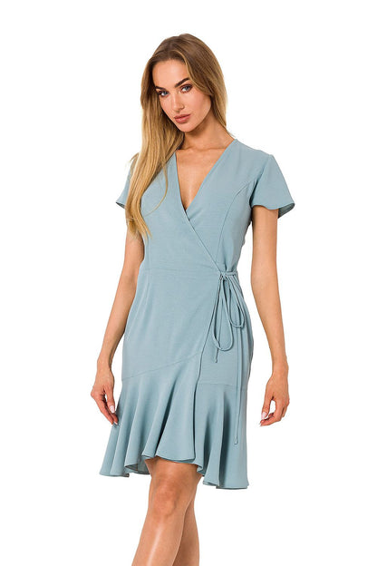 Chic Moe Airy Overlap Day Dress in a serene blue shade, designed with a stylish wrap front and side tie, showcasing a sophisticated flared hem and short sleeves for a polished look.