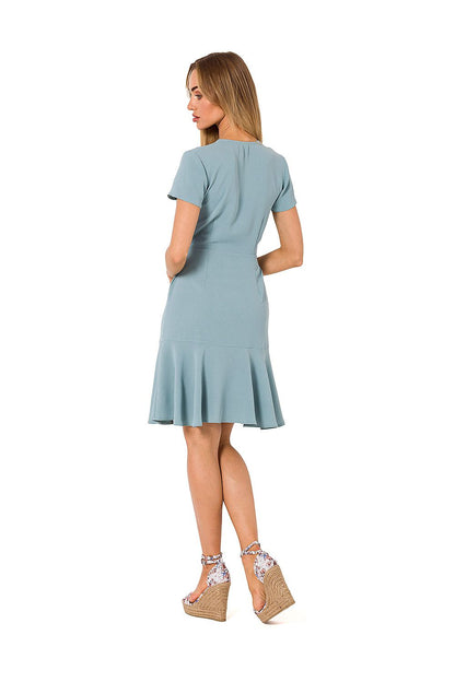 Sophisticated Moe Airy Overlap Day Dress in soft blue, featuring a flattering back view that highlights its elegant silhouette and short sleeve design, ideal for warm weather.