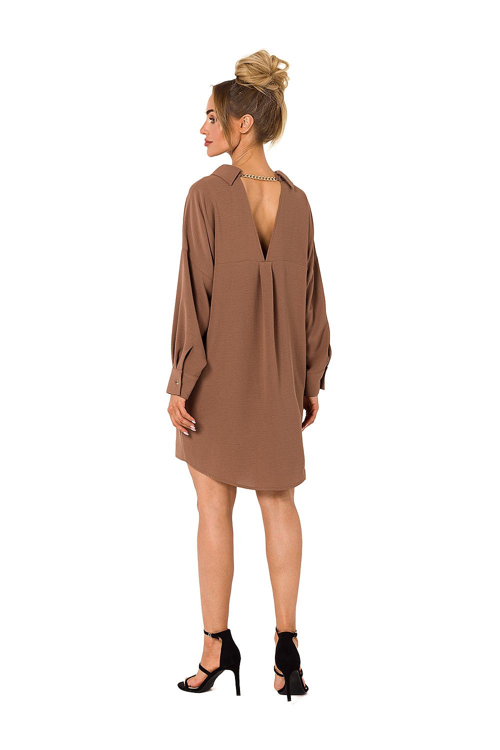 Stylish back view of a brown luxury Moe daydress, showcasing an elegant chain detail at the neckline.