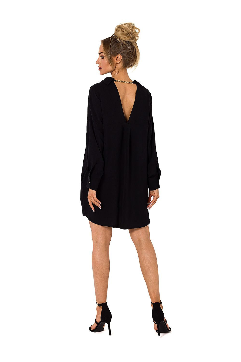 Back view of a black luxury Moe daydress highlighting a unique chain detail at the neckline.