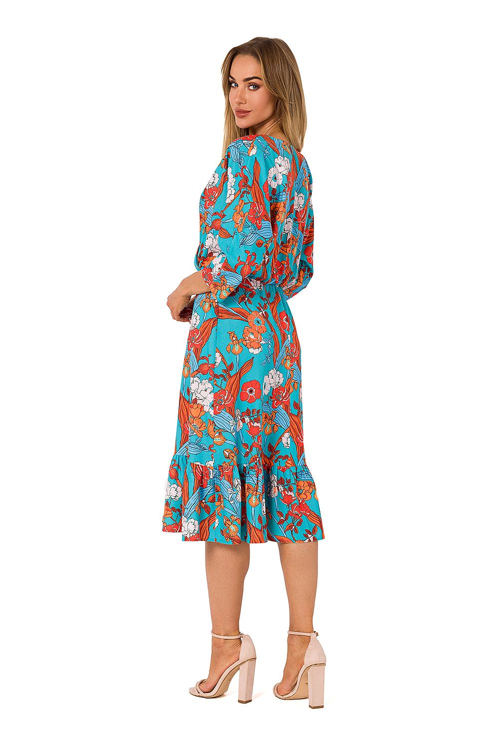 Elegant summer midi dress by Moe featuring vibrant floral print, ruffles, and a stylish envelope neckline with 3/4 sleeves, perfect for a sophisticated warm weather look.