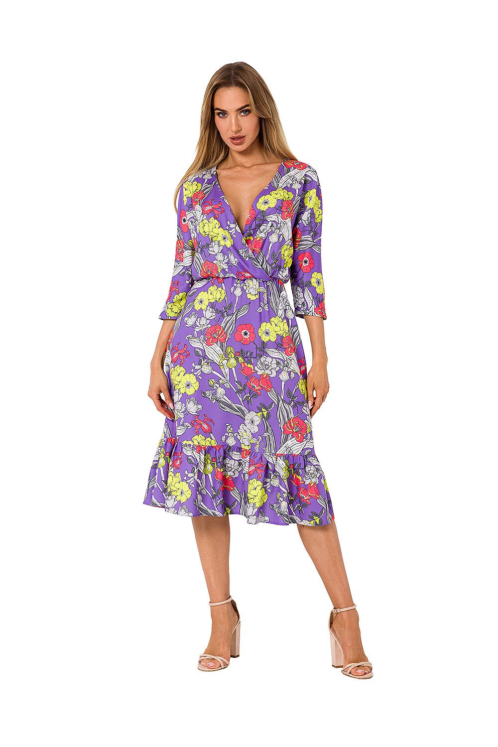 Chic purple summer midi dress by Moe with a flattering wrap design, adorned with colourful floral patterns, complemented by 3/4 sleeves and a delicate ruffle hem.