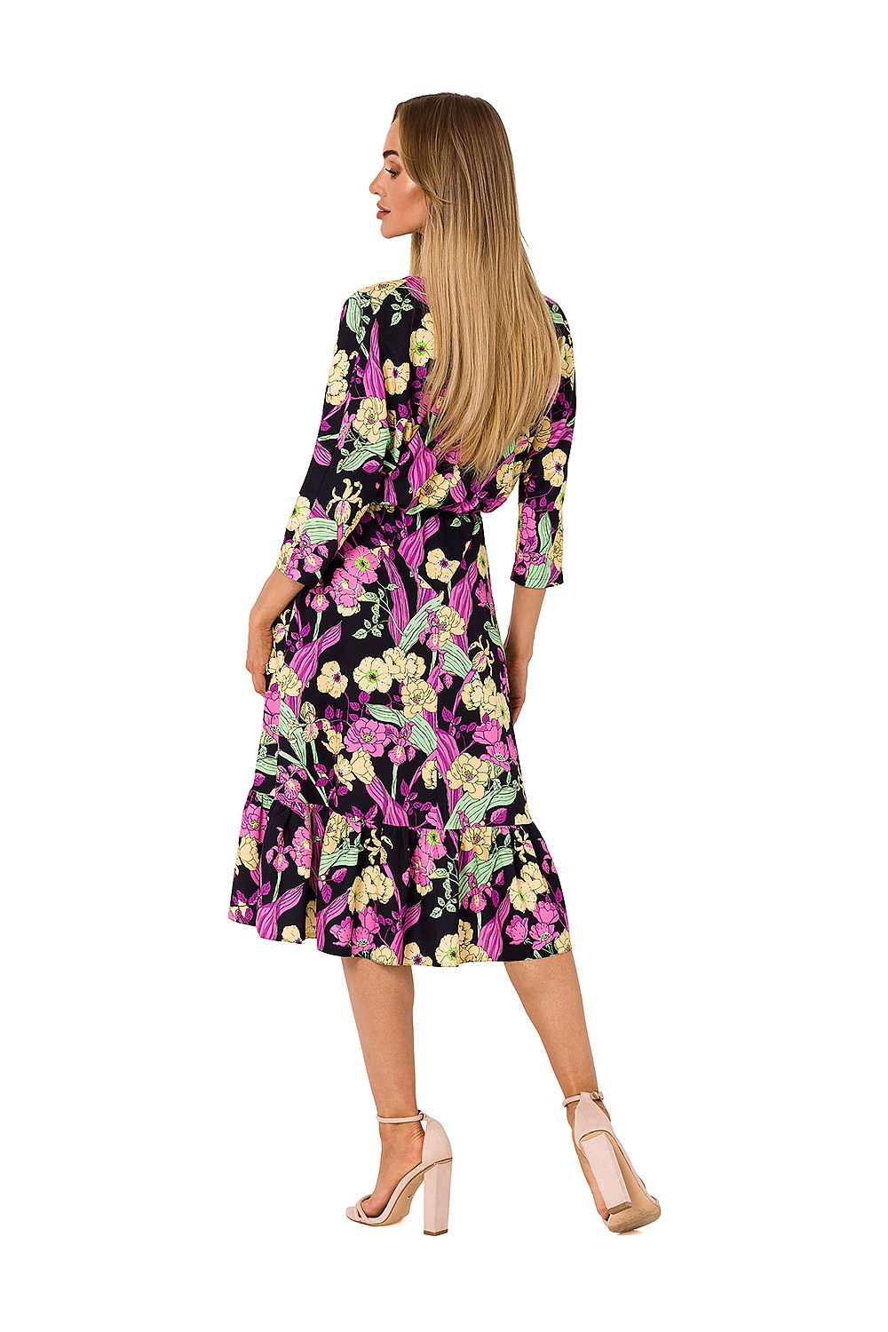 Back view of the luxurious black floral midi dress by Moe, highlighting its graceful ruffles and flattering fit, design perfect for upscale summer occasions.