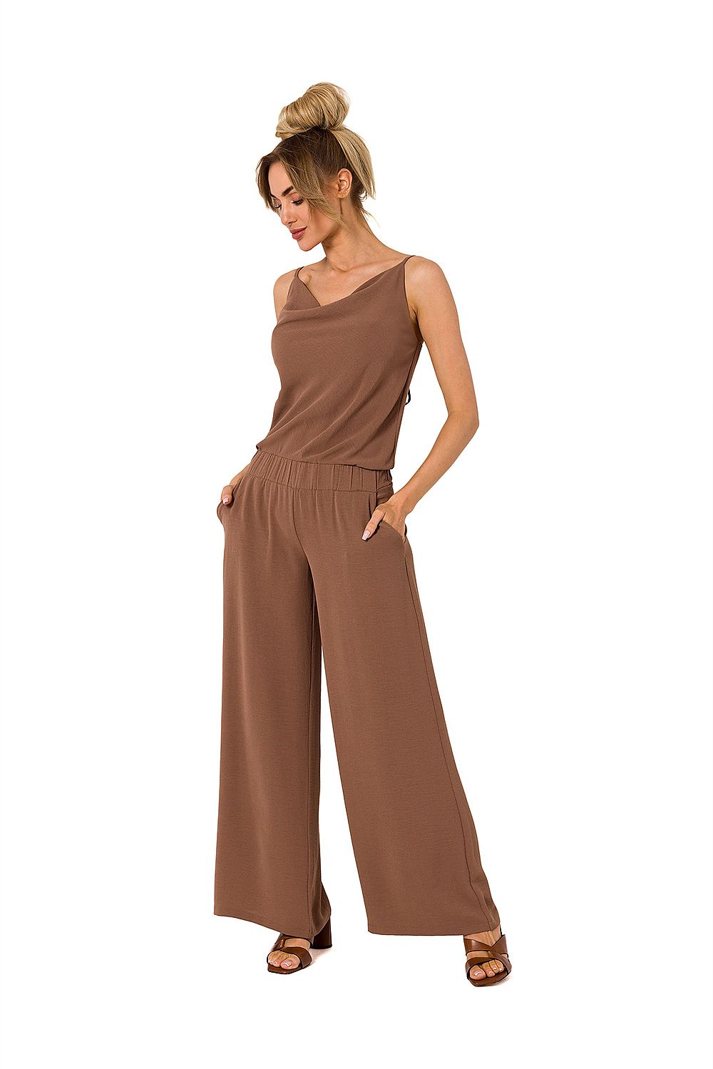 Elegant draped neckline pantsuit by Moe, showcasing thin straps and slip pockets, styled in a sophisticated brown colour.
