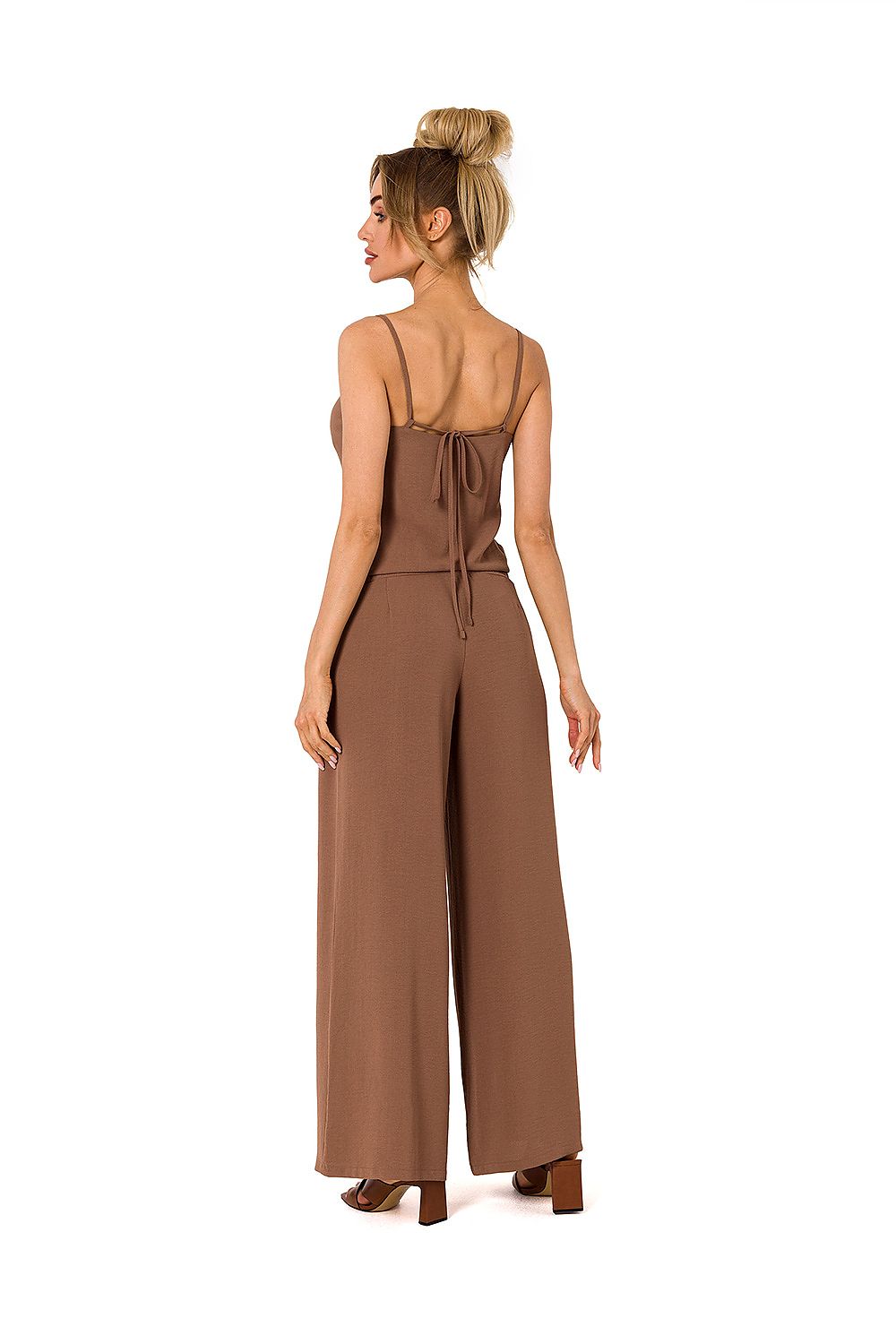 Back view of the luxurious brown draped neckline pantsuit by Moe, featuring stylish thin straps and a tied detail.