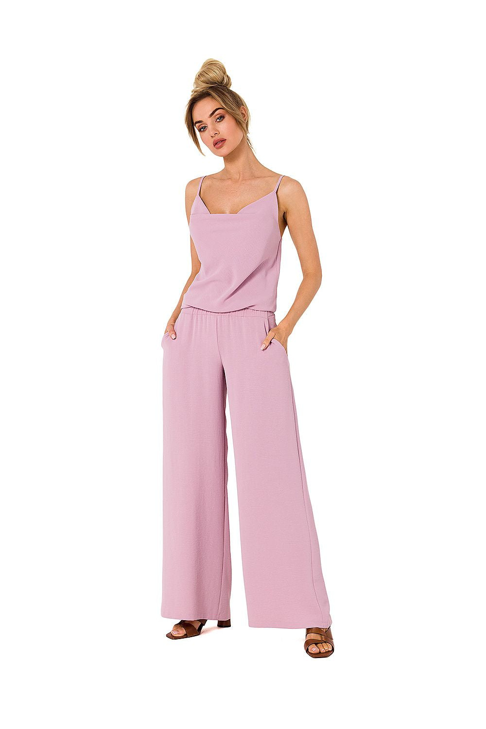 Chic pastel pink draped neckline pantsuit with thin straps and comfortable elastic waistband, showcased by Moe for a refined look.