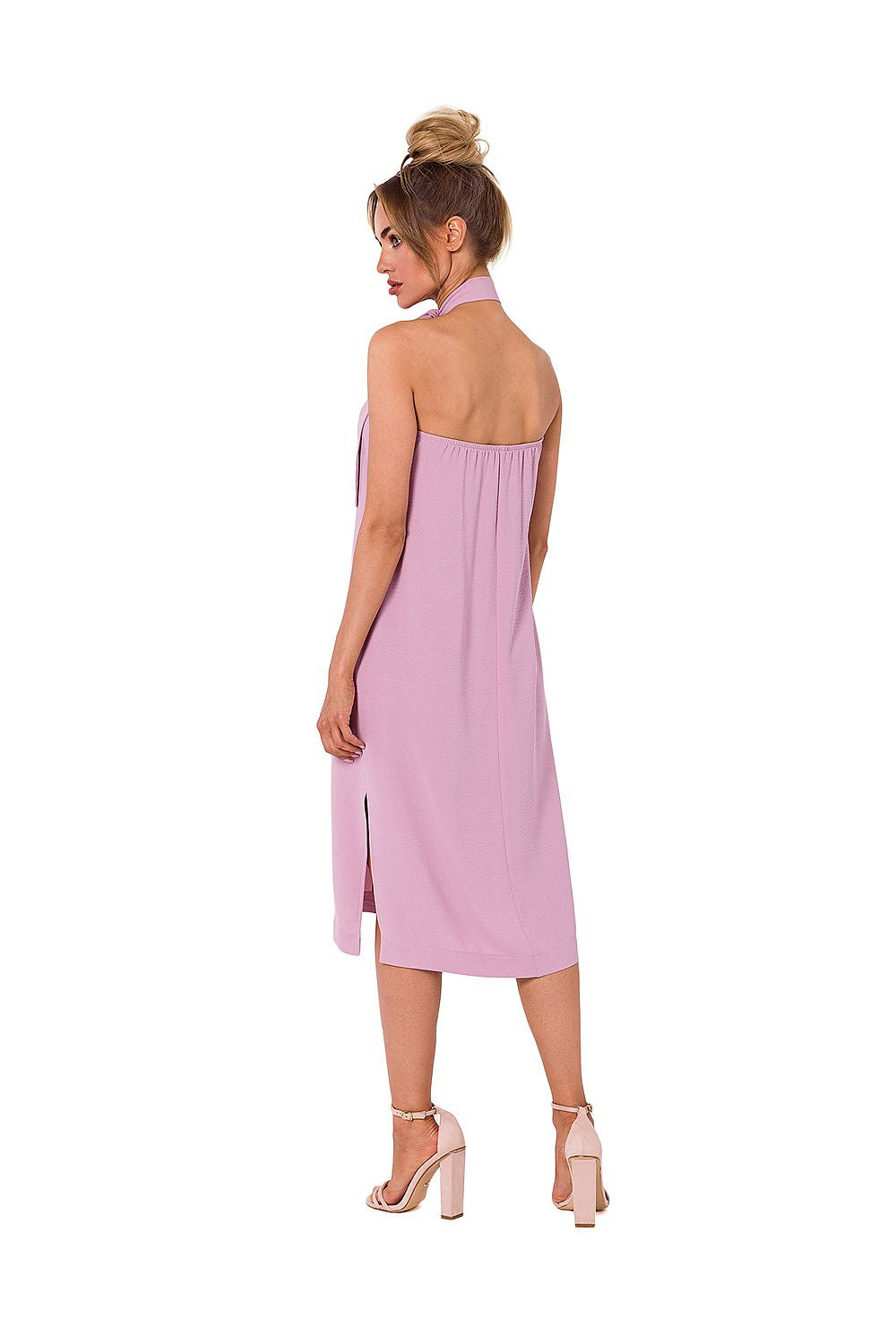 Back view of an elegant halter neck crepe daydress by Moe, showcasing an open back and flattering silhouette ideal for versatile styling.
