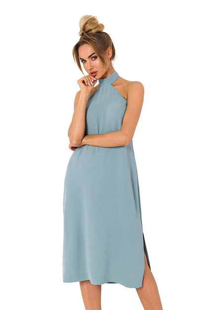 Chic halter neck crepe daydress by Moe in soft blue shade, embodying sophistication with its exquisite drape and modern design.