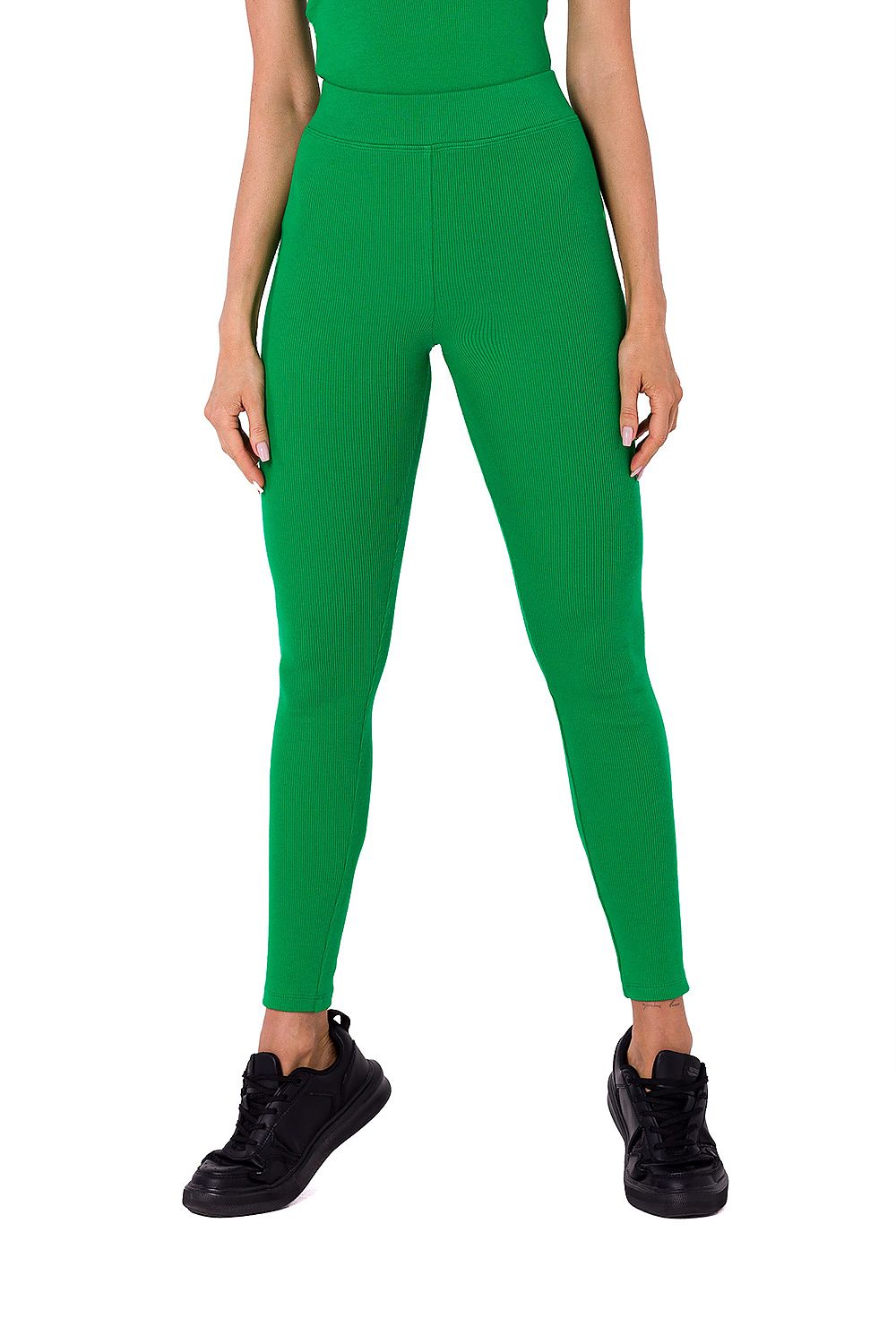 Moe fashionable ribbed knit leggings in vibrant green, ideal for stylish everyday wear, featuring a sleek fit and comfortable cotton-spandex blend.