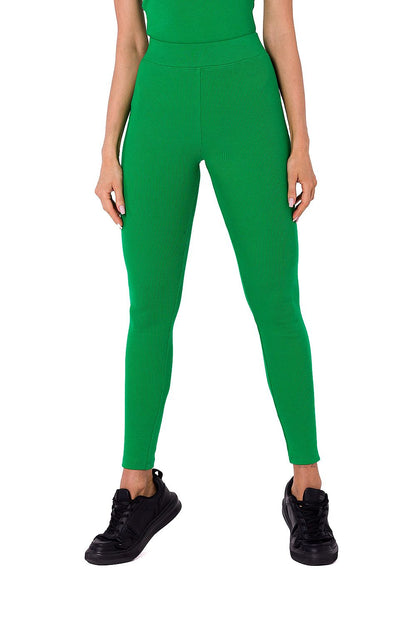 Moe fashionable ribbed knit leggings in vibrant green, ideal for stylish everyday wear, featuring a sleek fit and comfortable cotton-spandex blend.