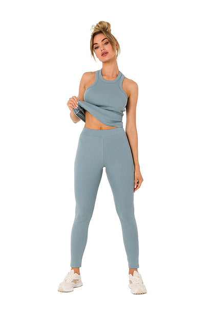 Sophisticated front view of light blue ribbed knit leggings by Moe, highlighting the trendy design and comfortable fit.