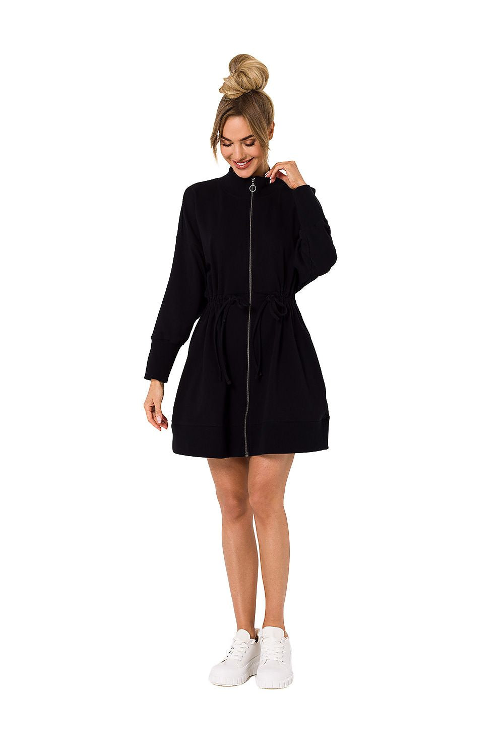 Chic black zippered daydress with fashionable lacing and cutouts, perfect for versatile styling, by Moe.