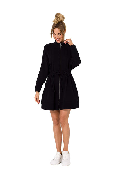 Chic black zippered daydress with fashionable lacing and cutouts, perfect for versatile styling, by Moe.