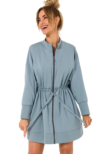 Stylish blue zippered daydress with adjustable waist and elegant fit, perfect for a luxurious day out, from Moe.