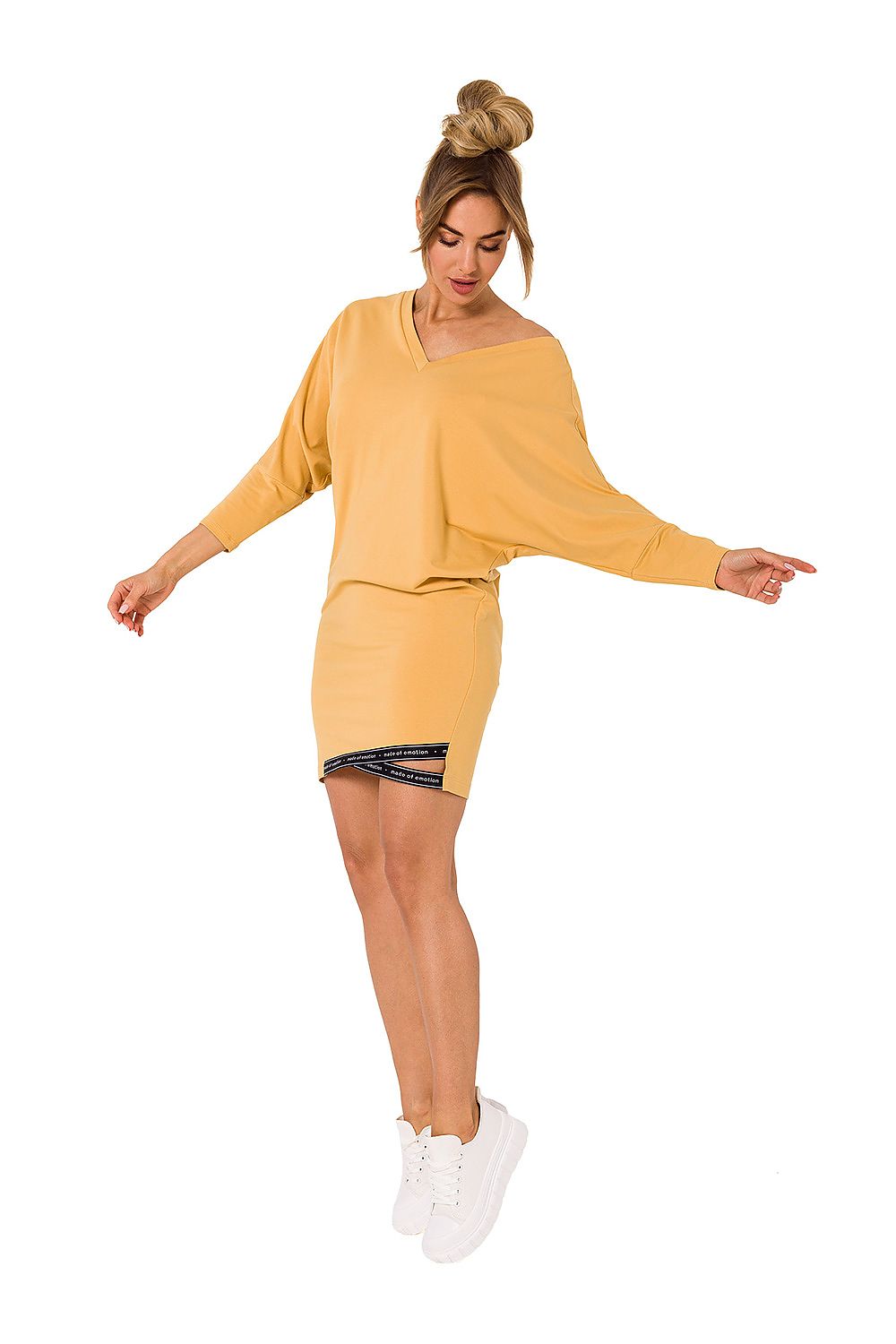 Chic yellow kimono sleeve daydress featuring a stylish V neckline, showcasing logo detailing at the hem, designed by Moe Fashion.