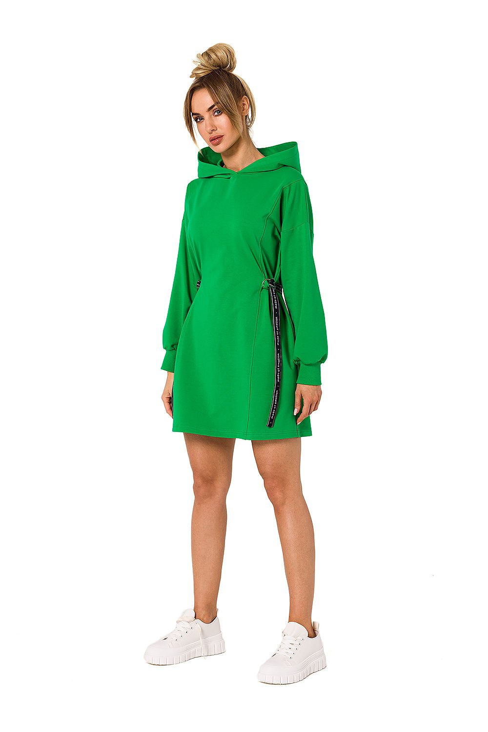 Front view of the Moe green mini dress with hood and long sleeves, showcasing its versatile tunic style, perfect for casual outings.