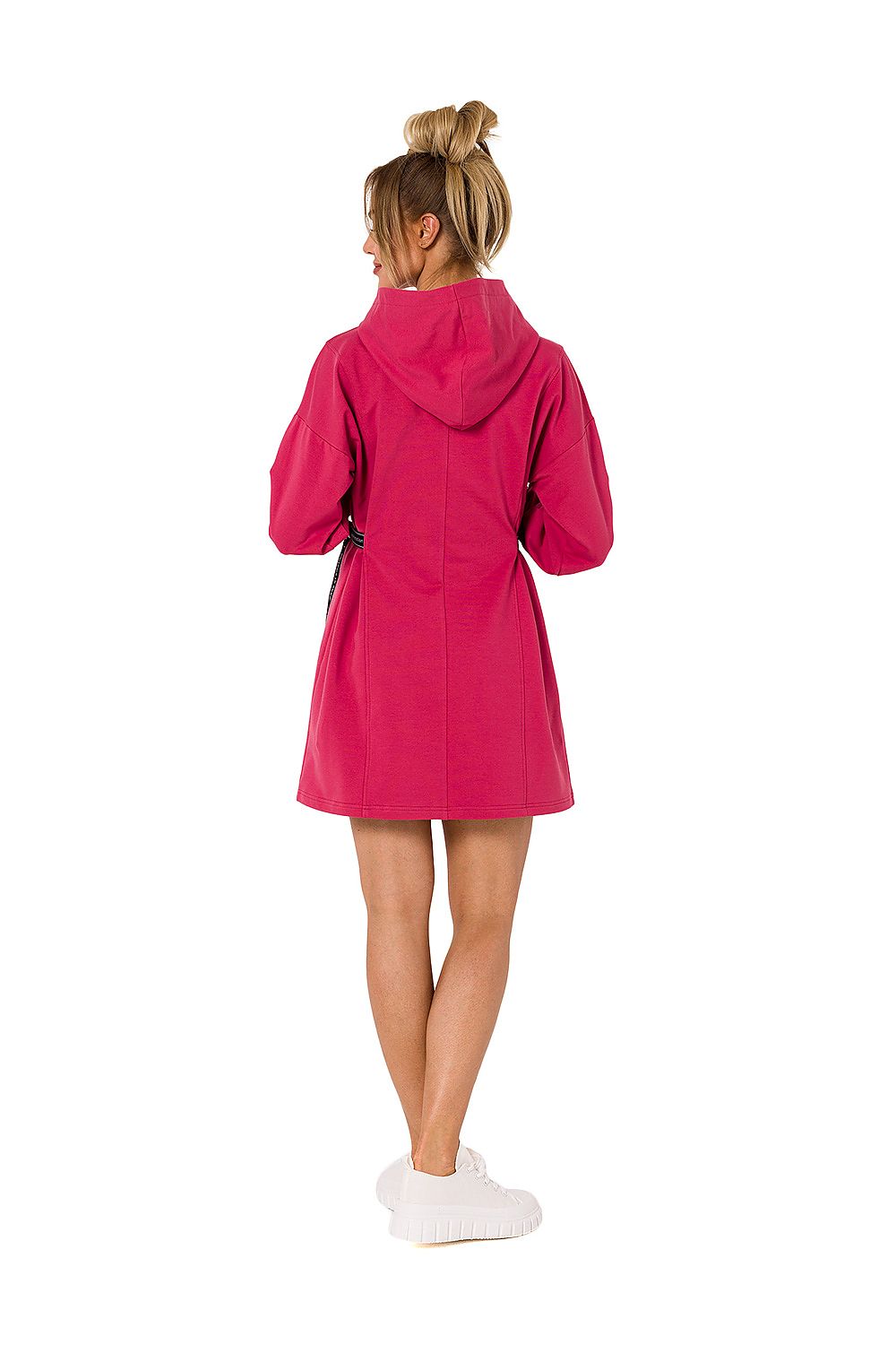Back view of the Moe luxury cotton-blend mini dress in pink, showcasing its hood and comfortable fit, perfect for a trendy casual look.
