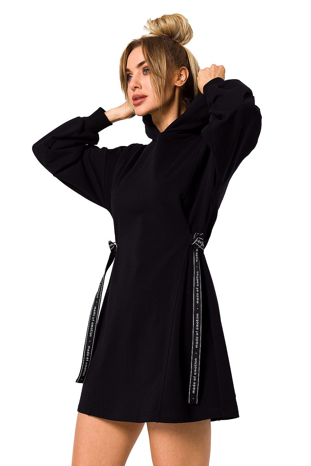 Elegant black Moe luxury cotton-blend mini dress with hood and long sleeves, designed for a chic and versatile appearance.