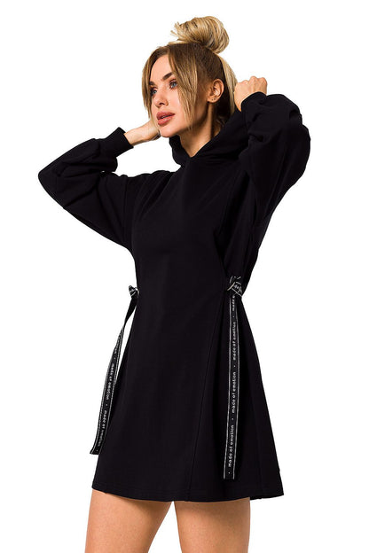 Elegant black Moe luxury cotton-blend mini dress with hood and long sleeves, designed for a chic and versatile appearance.
