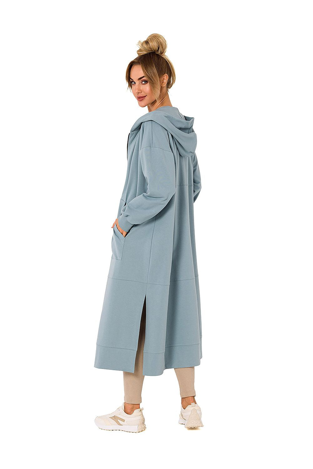 Back view of the light blue luxurious hooded sweatshirt by Moe, illustrating its elegant cut and style, perfect for layering during chilly seasons.