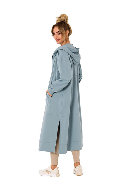 Back view of the light blue luxurious hooded sweatshirt by Moe, illustrating its elegant cut and style, perfect for layering during chilly seasons.
