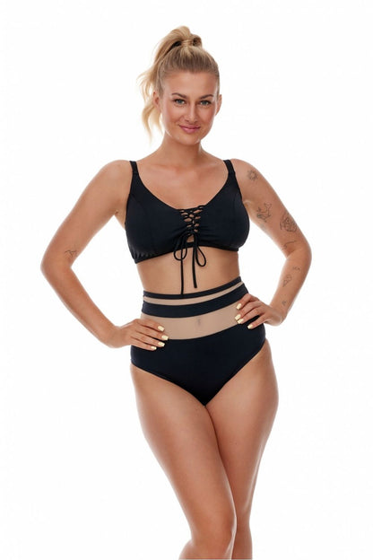 Luxurious black banded bikini bra by Lupo Line, designed for smaller breasts, featuring decorative lacing and an elegant silhouette, perfect for stylish summer outings.