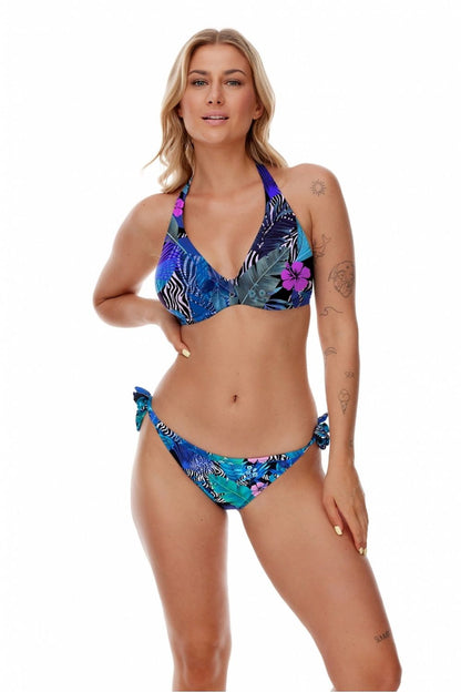 Elegant model showcasing the Lupo Line Floral Underwired Bralette Swim Bra in shades of blue, adorned with a vibrant floral pattern. Perfectly designed for medium to large breasts, offering both style and comfort for summer.
