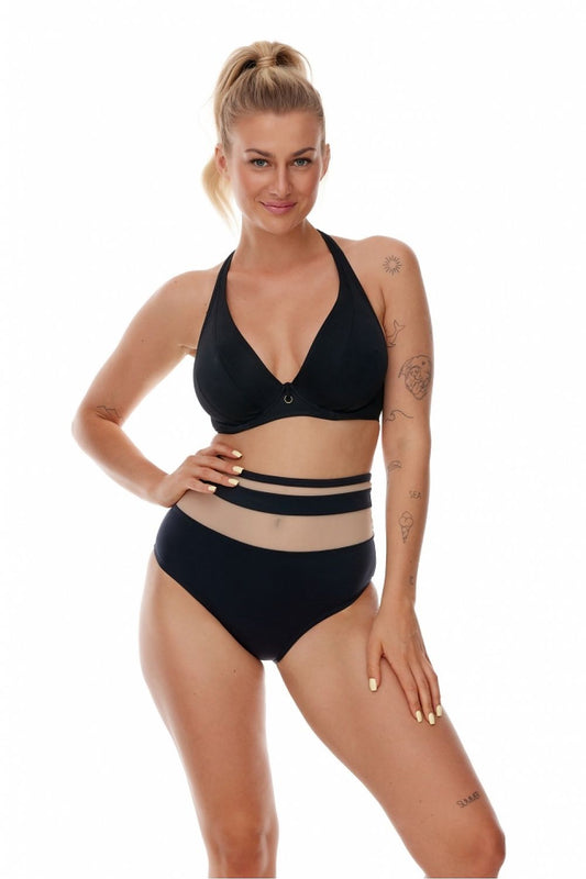 Elegant model showcasing the Lupo Line Underwired Bralette Bikini Bra in a classic black colour, designed for ultimate support of medium to large breasts with soft cups. Perfect for luxury beachwear.