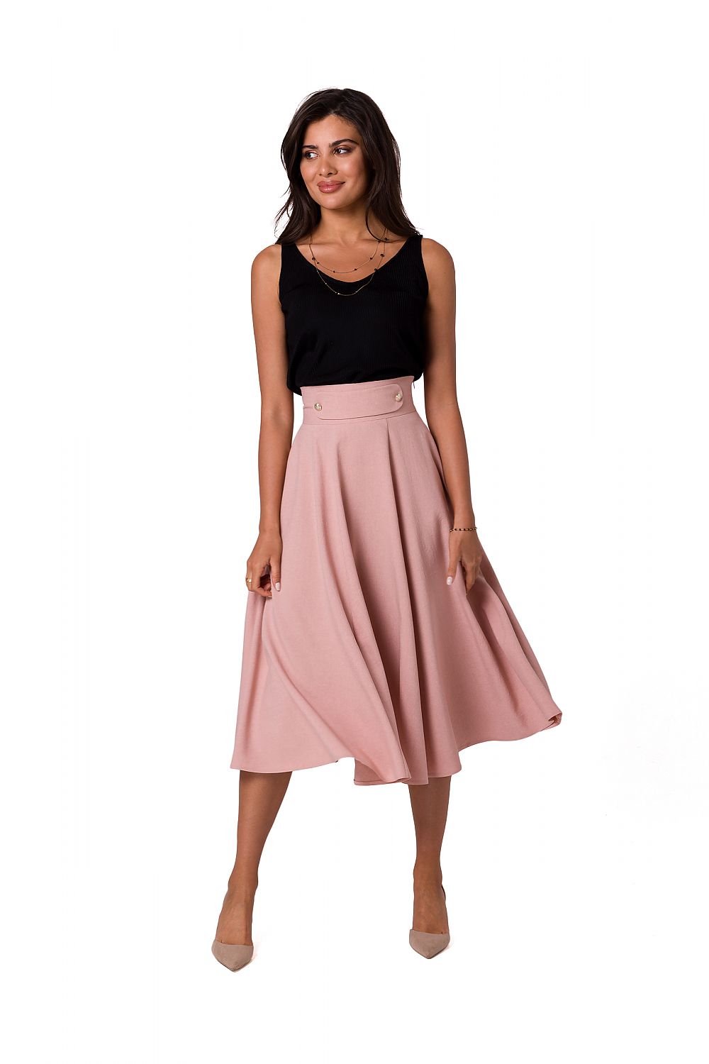 Elegant flared midi skirt with decorative buttons by BeWear, showcased on a model wearing a fitted black top and nude heels, exuding luxury style.