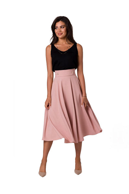 Elegant flared midi skirt with decorative buttons by BeWear, showcased on a model wearing a fitted black top and nude heels, exuding luxury style.