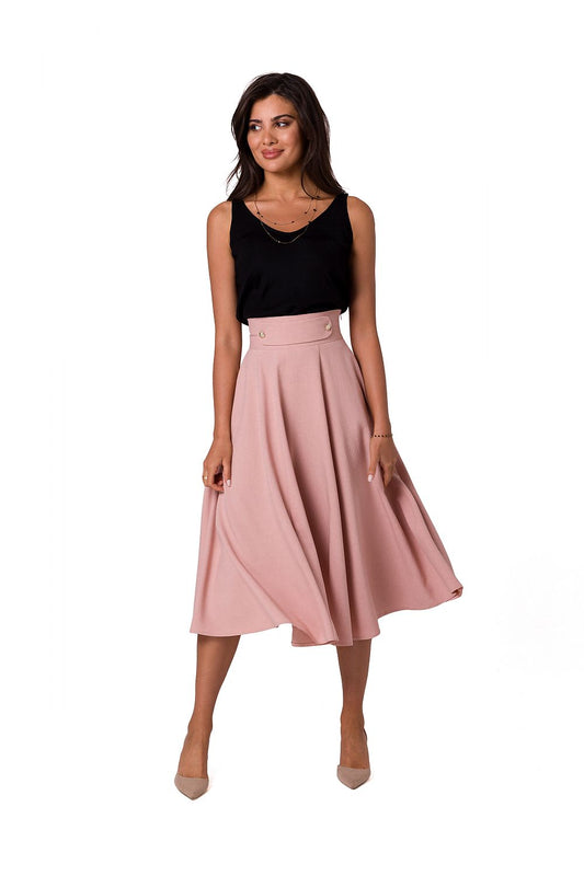 Elegant flared midi skirt with decorative buttons by BeWear, showcased on a model wearing a fitted black top and nude heels, exuding luxury style.