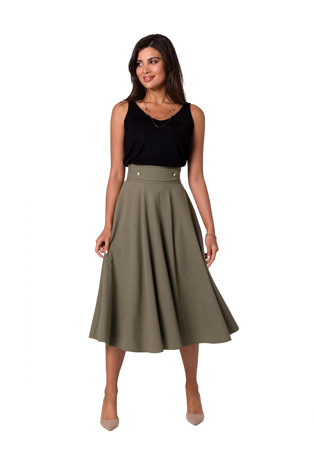 Chic olive green flared midi skirt with high waist design by BeWear, displayed on a model in a fitted black top, highlighting luxury fashion choices.