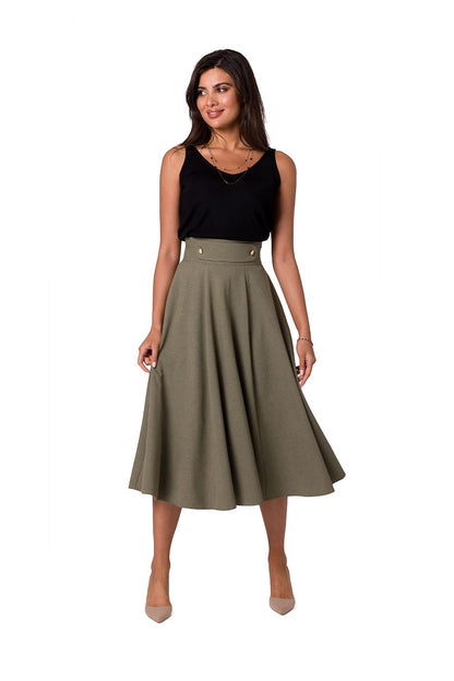 Chic olive green flared midi skirt with high waist design by BeWear, displayed on a model in a fitted black top, highlighting luxury fashion choices.