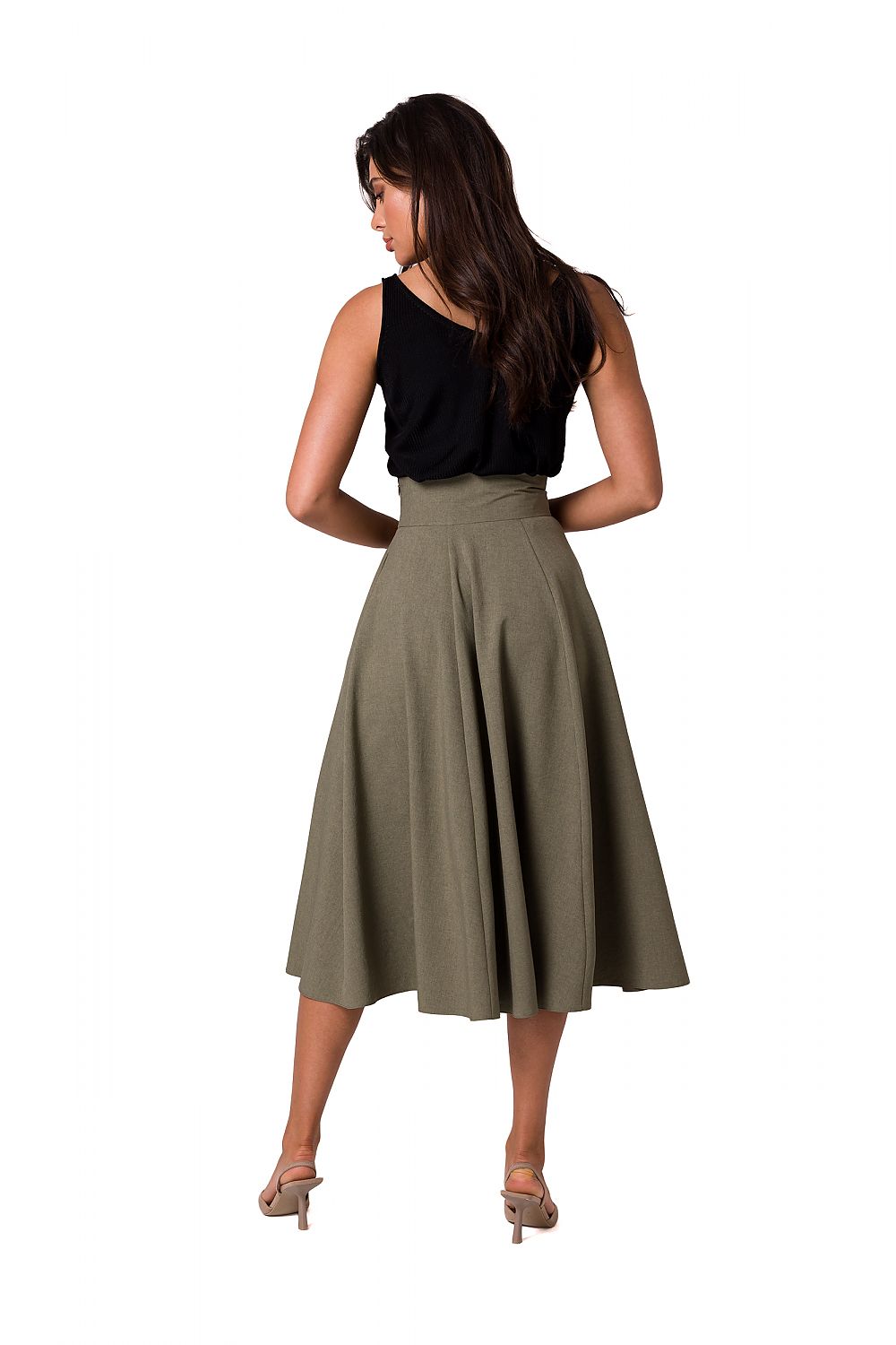 Elegant back view of a beautiful olive green flared midi skirt by BeWear, paired with a black top, embodying refined style and sophistication.