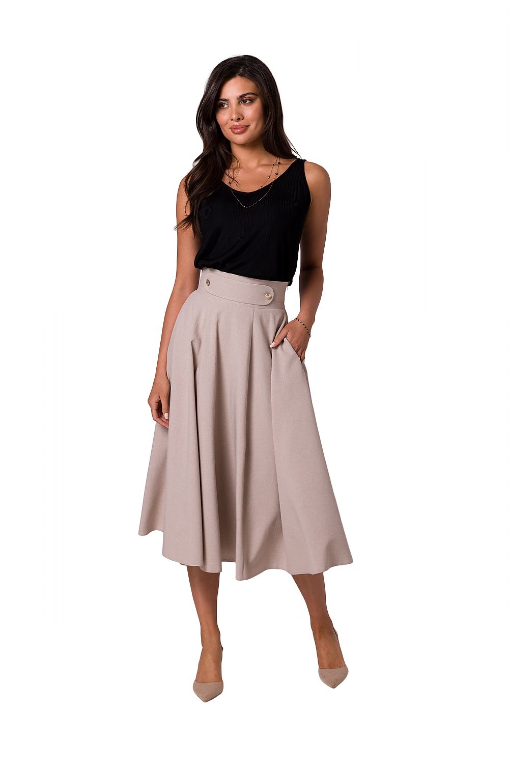 Chic flared midi skirt in beige from BeWear, styled with a classic black top, exuding elegance and sophistication for refined occasions.