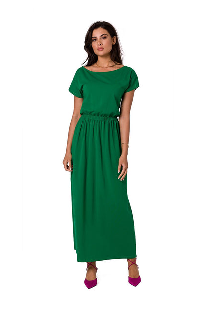 Elegant BeWear cotton maxi dress in vibrant green, featuring an asymmetrical neckline, short sleeves, and an elastic waistband, perfect for a sophisticated summer wardrobe.