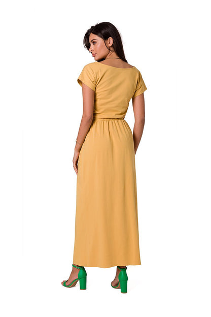 BeWear chic cotton maxi dress in soft yellow, highlighting the back view with an elegant elastic waistband.