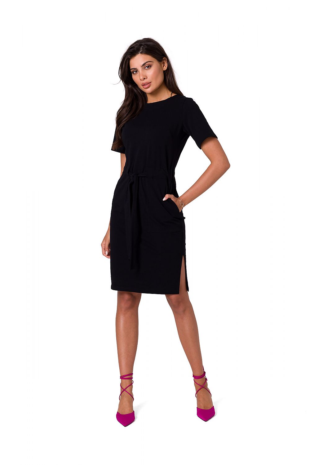 Chic black fitted cotton knit dress by BeWear, with stylish pockets and a flattering belt.
