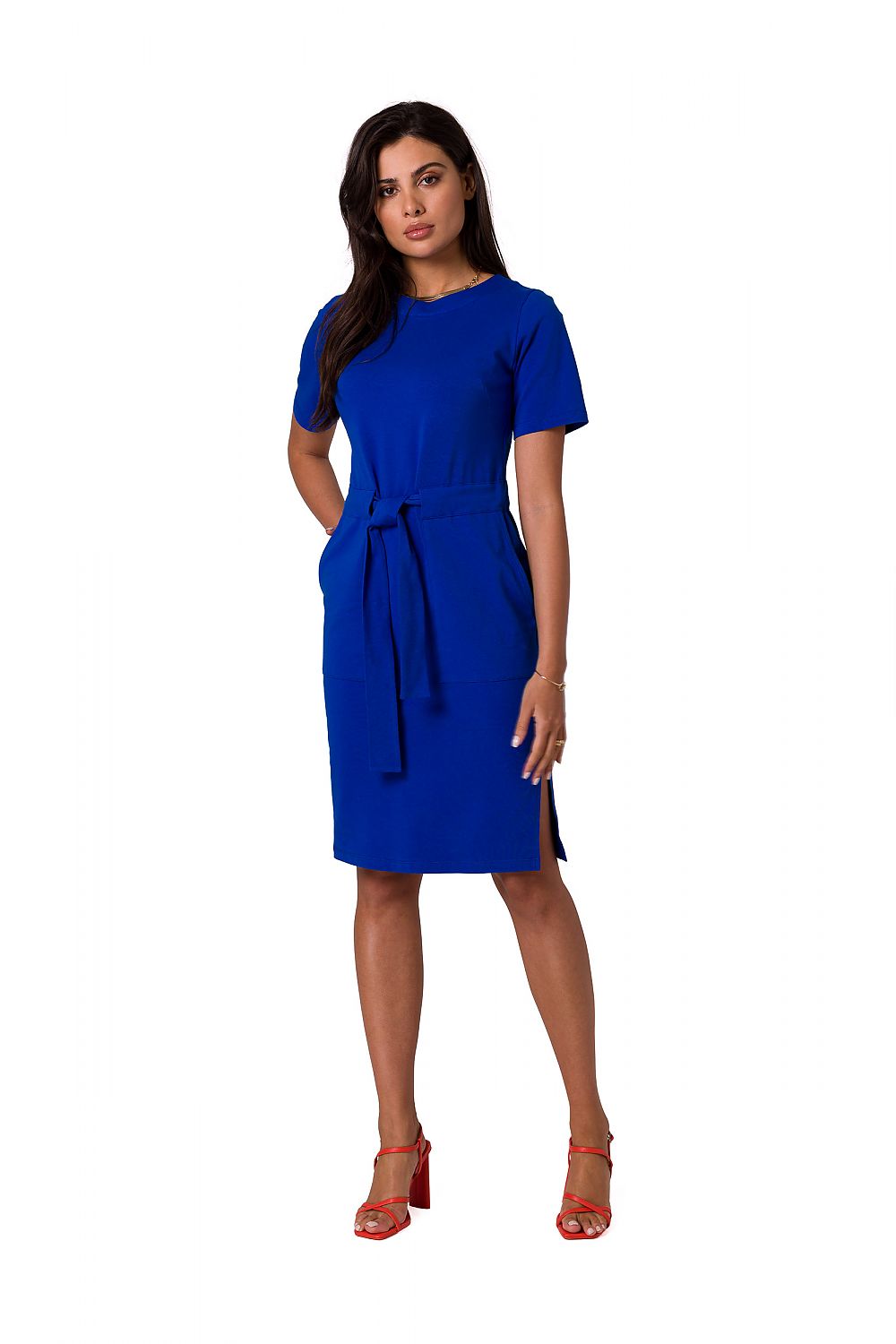 Luxurious deep blue fitted cotton knit dress by BeWear, featuring a belted waist and sophisticated side slits.
