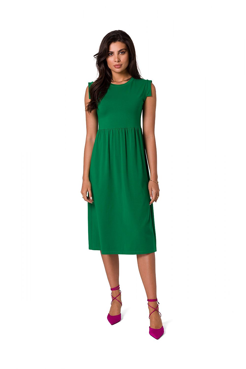 Elegant midi dress by BeWear, featuring an elevated waistline and sleeveless design, showcased in vibrant green.