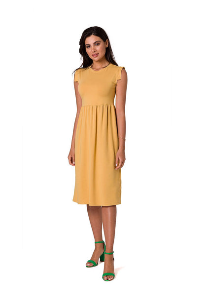 Stylish yellow midi dress by BeWear, featuring an elevated waistline and sleeveless design, perfect for elegant occasions.